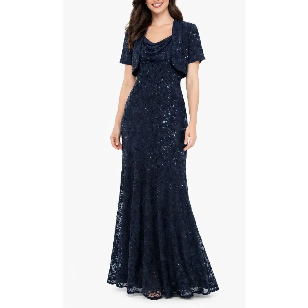 R&m Richard navy sequin gown with shrug